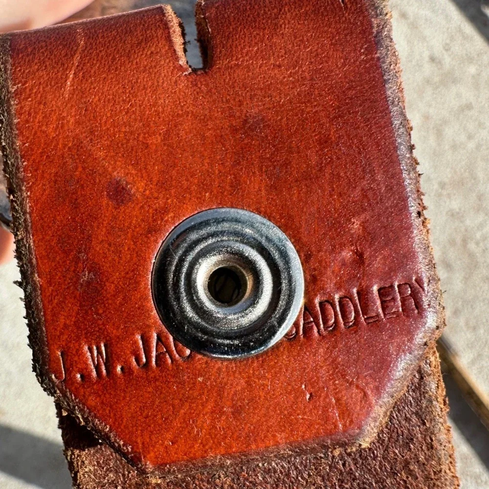 J.W. Jao Saddlery Brown Tooled Leather Belt Pink Rhinestone Floral Buckle